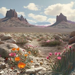 Canvas Print - a-view-of-the-barren-desert-mountains-with-flowers-blooming-all-around