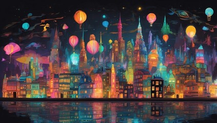 Wall Mural - Stunning illustration of a whimsical cityscape with glowing landmarks and floating elements, glowing in the dark with colorful multicolor light, centered on a black background