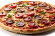 © kittipon - Pepperoni and Mushroom Pizza Isolate: Close-up, isolated view of a pizza topped with pepperoni and mushrooms