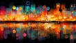 © Nadia - A cityscape at night, illuminated by an array of lights, casting reflections onto the tranquil water below Circles fill the sky, hinting at distant celestial