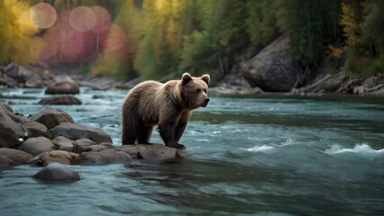 a bear cub was on a rock in the middle of the river hunting for fish. seamless 4k looping timelapse 