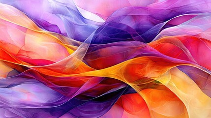 Wall Mural -   A vibrant abstract with waves of lines and curves on a gradient of pinks, oranges, yellows, and purples