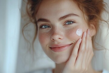 Wall Mural - Facial Care Smiling Woman Gently Touching Her Clean Face