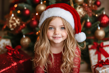 Sticker - A little girl in a red dress and a santa hat sitting in front of a Christmas tree