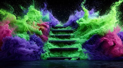 Wall Mural -   A black background with a body of water in the foreground, covered in colored powder steps