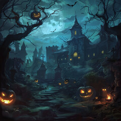 An ultra-realistic, cinematic Halloween-themed background for a presentation, featuring detailed Halloween attributes on the left and right sides. The left side includes eerie elements like a dimly li