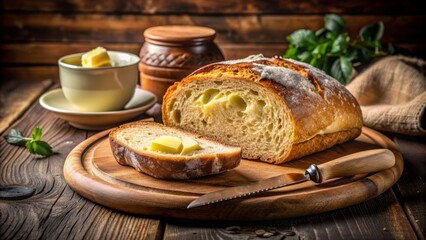 Freshly baked crusty bread slice sits on a rustic wooden plate, garnished with a pat of golden butter, in a cozy restaurant setting.