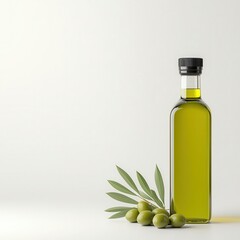 Organic olive oil bottle, with fresh olives and leaves, 3D illustration