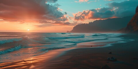 Canvas Print - Serene Beach Sunset with Mountain Scenery