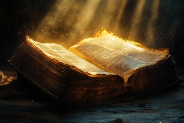 radiant light beams illuminating ancient scripture ethereal glow on weathered parchment dust motes dancing in golden rays spiritual enlightenment concept