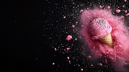 Wall Mural -  An ice cream cone with pink sprinkles on a black background surrounded by pink powder sprinkles