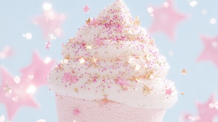 Wall Mural -  Blue background featuring a cupcake with white frosting & sprinkles, topped with pink & gold stars