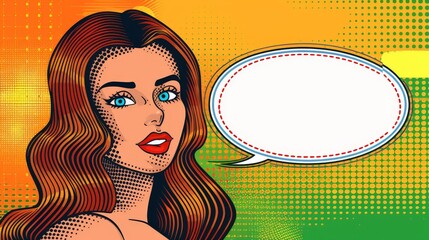 Pop Art Woman with Speech Bubble Closeup portrait of a woman with bright red lips and blue eyes in a comic book style with a blank speech bubble