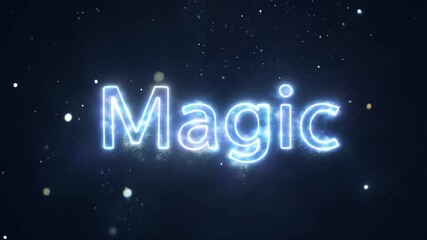 Poster - Mesmerizing neon sign glows in the dark, casting blue and yellow light with sparkles dancing around the letters, creating an enchanting atmosphere perfect for vibrant designs