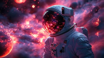 Wall Mural - Astronaut observing exploding planets in outer space
