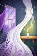 Sticker - Candle on a windowsill with flowing curtains and moonlight