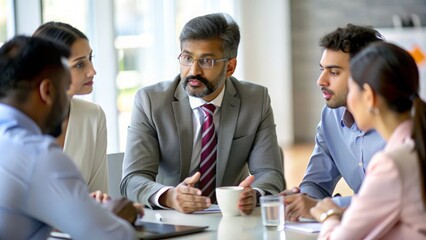 Poster - An Indian financial services manager leading a team meeting, discussing financial strategies.
