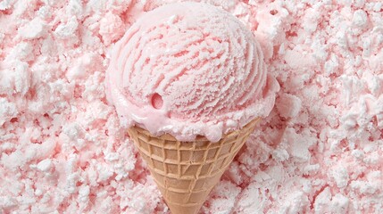 Wall Mural -   A scoop of pink ice cream rests in a cone on a pink backdrop with sprinkled white toppings