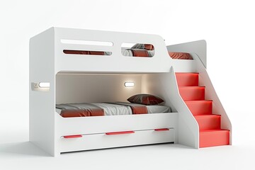 modern white and red wooden two bunk children's beds with minimalist design and led light isolated on white background 