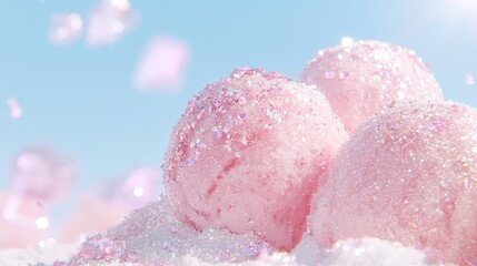 Wall Mural -   A close-up shot of two pink donuts adorned with sprinkles against a blue sky backdrop