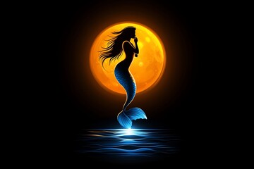 Poster - A minimalist design showing the silhouette of a mermaid swimming against a full moon reflected in the ocean