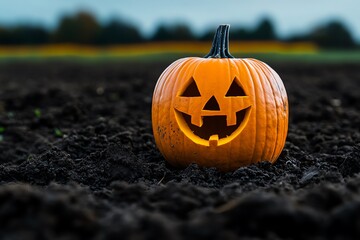 Aufkleber - A minimalist image focusing on a single pumpkin being carved in a patch