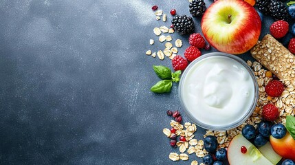 Wall Mural -  A dark background featuring a bowl of yogurt encircled by juicy fruits and crunchy nuts, with room to write Yogurt (35