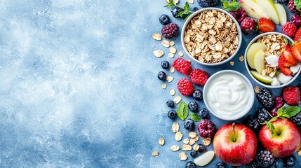 Wall Mural -  A photo of a table with fruit and yogurt, and two bowls - one filled with fruit and the other with granola