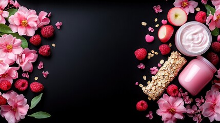 Poster -   Jar of yogurt with berries and flowers on black backdrop