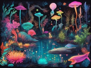 Wall Mural - Stunning illustration of an enchanted lagoon with glowing plants and mythical sea creatures, glowing in the dark with colorful multicolor light, centered on a black background