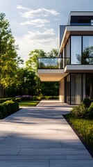 Poster - Modern Home Exterior with Walkway and Lush Greenery