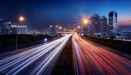 High-Speed Urban Traffic Captured in Dazzling Motion Blur and Long Exposure Photography on a City Highway at Night