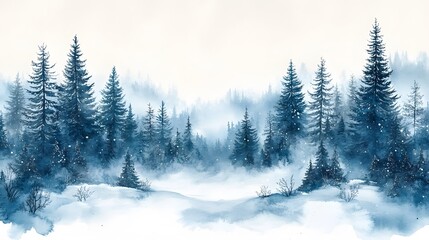 Hand-painted winter background with a snowy forest and delicate snowflakes, ideal for festive holiday season invitations.