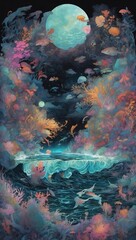 Wall Mural - Stunning illustration of an otherworldly ocean scene with glowing seaweed and mythical creatures, glowing in the dark with colorful multicolor light, centered on a black background