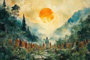 stylized watercolor illustration of jesus multiplying loaves and fishes surrounded by a mesmerized crowd in a verdant landscape