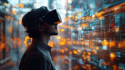 Poster - A person engages with virtual reality technology in an immersive, technology-driven environment filled with glowing graphics.