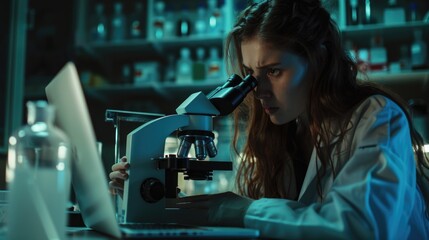 Poster - Scientist studying microorganisms on computer screen