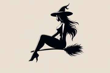 Poster - A minimalist scene of a witch on her broomstick, practicing divination, the design focused on clean lines and subtle hints of magic, creating a serene and mystical atmosphere