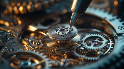 Close-up of a watchmaker's precision work on intricate gears and clockwork mechanism, demonstrating fine craftsmanship and attention to detail.