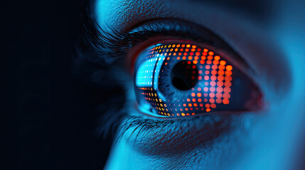 A close-up of an eye displaying a vibrant digital pattern, blending technology and human presence in an artistic manner.