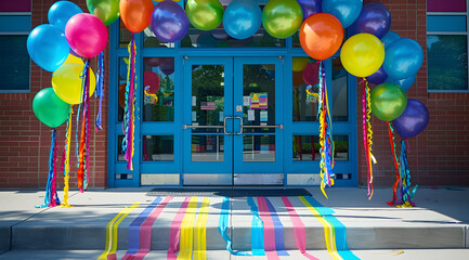 Colorful Balloons and Ribbons Decorate Entrance of Building - Photo