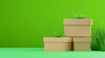 Three brown gift boxes with green plants on a green background.  Minimalist product display mockup.