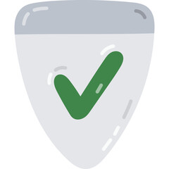 Poster - Cute cartoon shield with check mark as symbol of protection. Hand drawn security shield with tick icon as sign of insurance, risk coverage, policyholder protection isolated on white background.