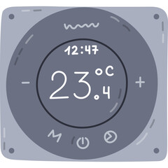 Fototapete - Cute cartoon smart thermostat for temperature regulation via smartphone. Hand drawn intelligence electronic heating system with indicators. Internet of things radiator isolated on white background.