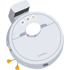 Poster - Cute cartoon robot vacuum cleaner with docking station, brush and buttons. Remote wireless industrial sweeper for maintenance pure home via smartphone. Technique for automation housework isolated