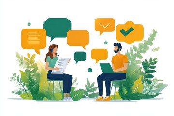 two stylized figures engaged in phone conversation one holding application form other with laptop vibrant speech bubbles connecting them flat design illustration