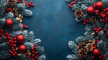 Cheerful Christmas and New Year background with a bright winter theme, incorporating festive decorations for a holiday banner or card.