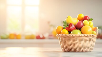 A wicker basket overflowing with fresh fruit, bathed in warm sunlight. A perfect image for healthy eating, kitchen, and home decor themes.