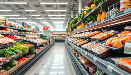 Plant-based meat alternatives on supermarket shelf isolated with white highlights, png