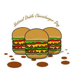 Wall Mural - National Double Cheeseburger Day event food banner. Double-deck cheeseburger looks very delicious on white background to celebrate on September 15th